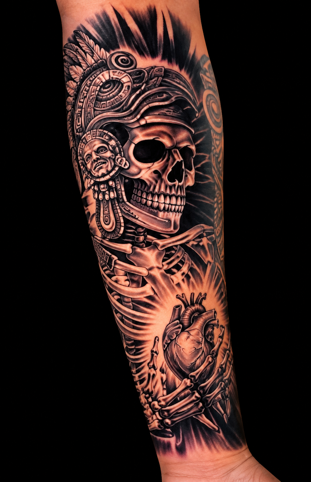 Aztec skull warrior sleeve tattoo, by Sergio Vazquez